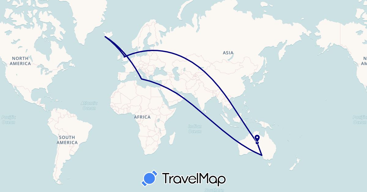 TravelMap itinerary: driving in Australia, United Kingdom, Iceland, Italy, Qatar (Asia, Europe, Oceania)